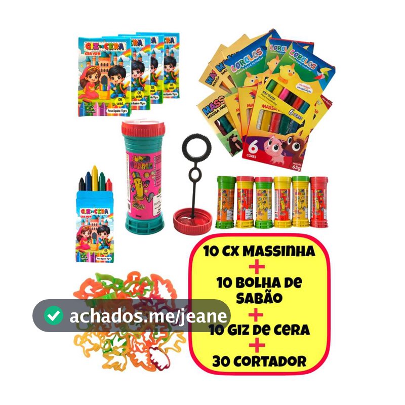 Kit 10 Cx Massinha de Modelar + 10 Bolha Sabão + 10 Giz De Cera + 30 Cortador Forminha Lembrancinha