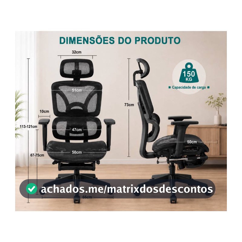 Cadeira Presidente Ergonomica Escritorio Mesh Reclinavel Com Apoio De Pes Retratil E Apoio De Cabeça
