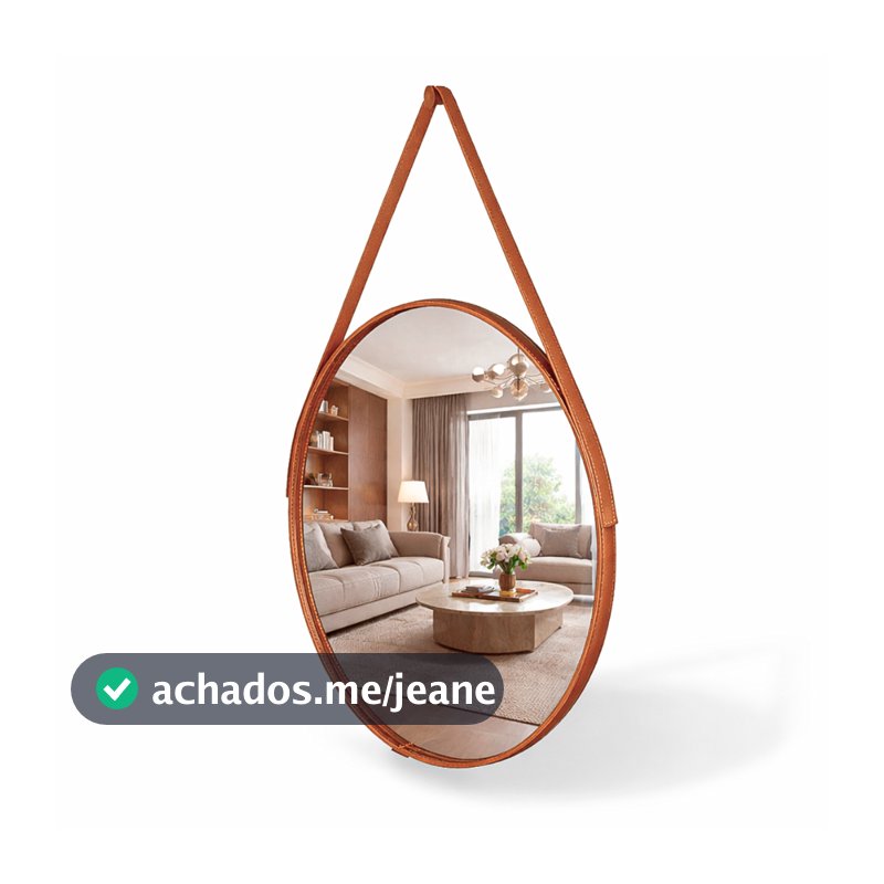 Espelho Redondo Decorativo Adnet Alça Couro Suporte 60cm Sala Quarto Banheiro