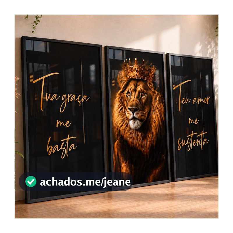 Quadros Decorativos Tua Graça Me Basta Leão de Judá Para Quarto Sala Luxo 3 Pçs Hd