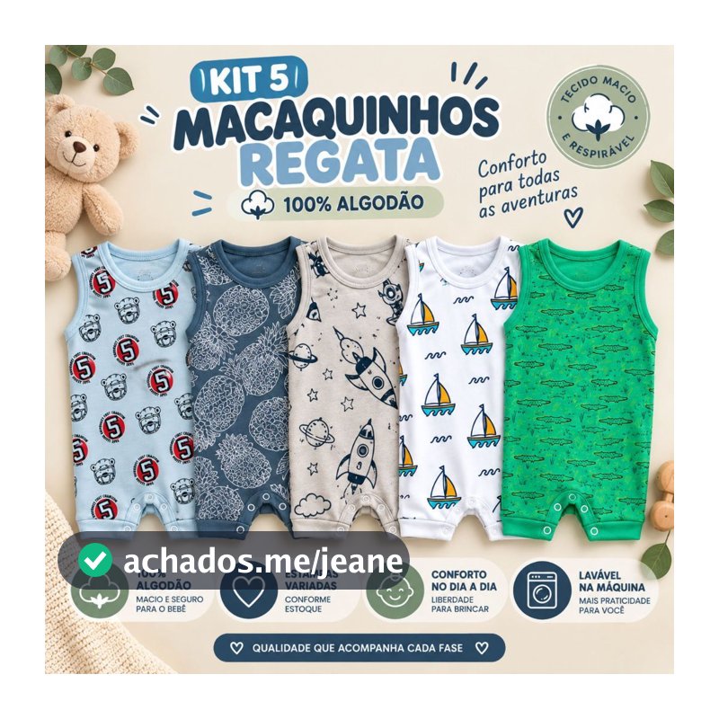 Kit 5 Macaquinhos Bebê Regata 100% Algodão Menino Verão Confortável Estampados P ao 3