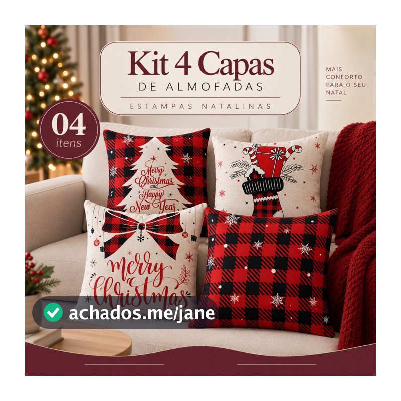 Kit Decorativo com 04 Capas de Almofadas Natalinas