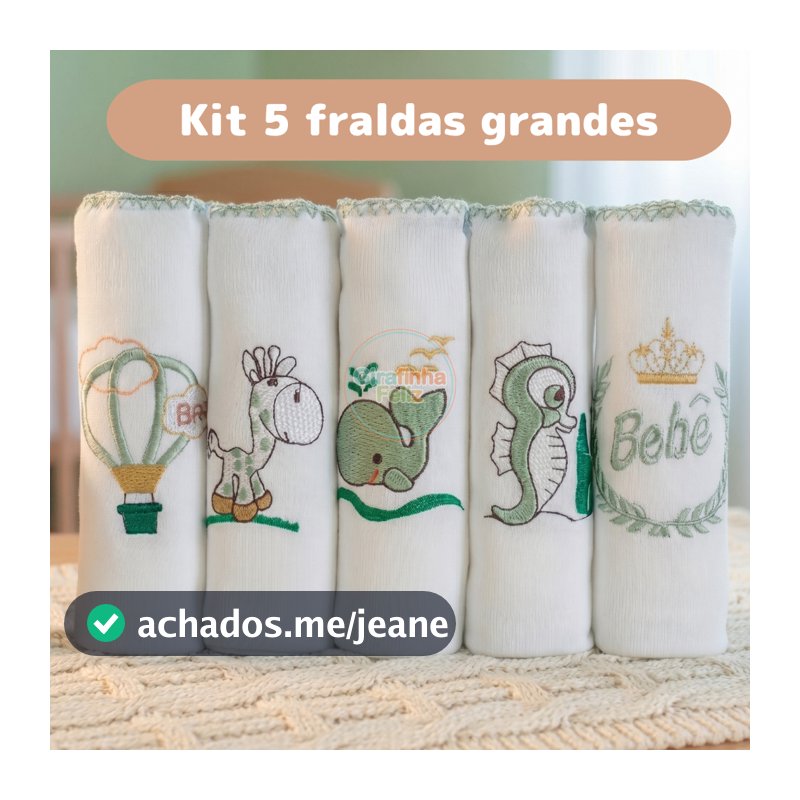 Kit 5 Fraldas de Pano Para Bebê Bordadas 70x70cm Tecido Duplo 100% Algodão Enxoval Menino Menina