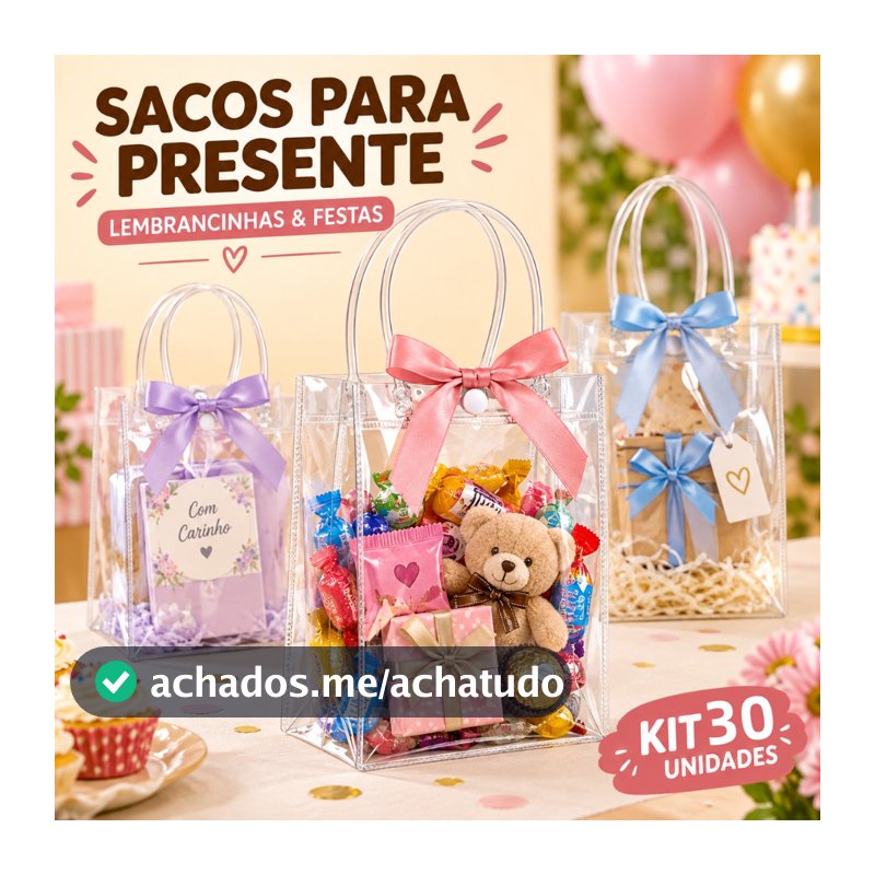 Sacola Transparente para Presente PVC Reutilizável Kit 10 20 30 Unidades Lembrancinhas Festa Embalagem