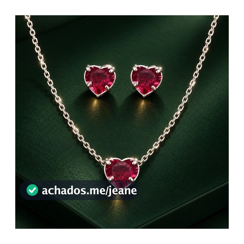 Conjunto Coração rosa  em Prata 925