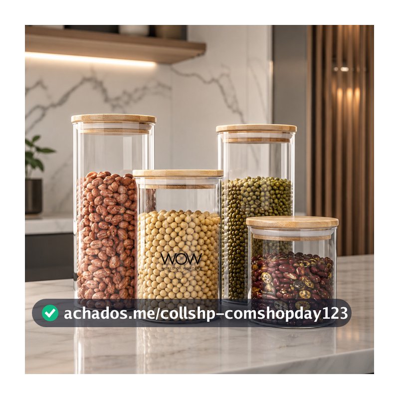 Kit 4 Potes Herméticos Tampa Bambu Organizador Mantimentos Cozinha