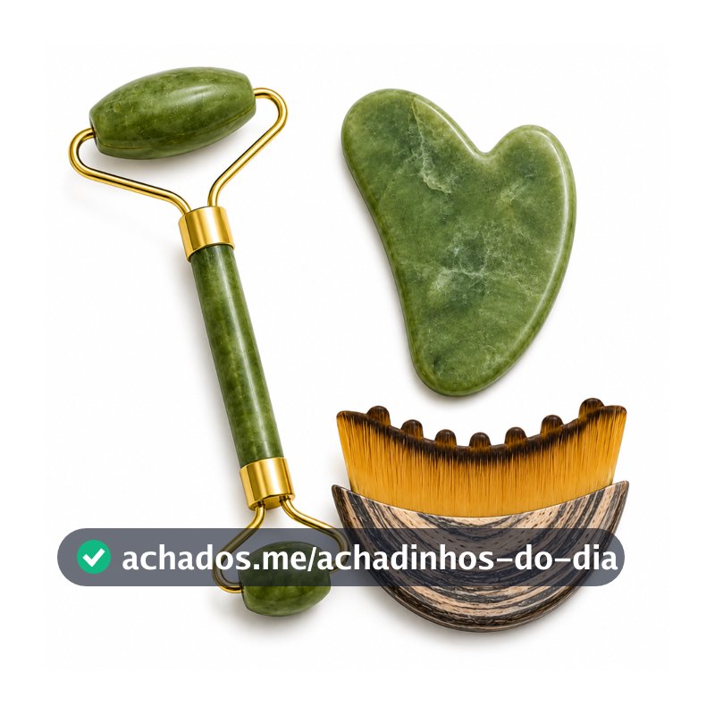 Kit Massagem Facial Premium com Rolo de Jade Verde, Pedra Gua Sha e Escova para Drenagem Linfática