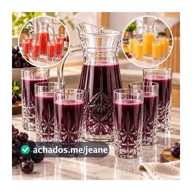 Jarra de Vidro 1,7L com 6 Copos 370ml Conjunto para Suco Água Bebidas Design Diamante