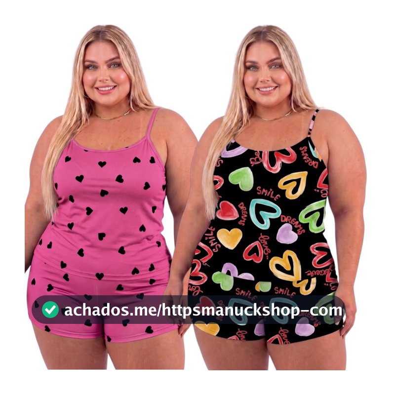 Kit 2 Conjuntos Plus Size Baby Doll Short Doll Estampado Sem Bojo Pijama Feminina Premium