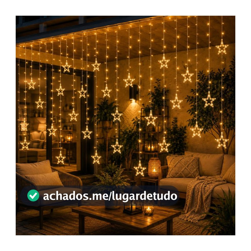 Cascata de Natal Estrelas Bivolt Leds com 8 Funções em cores Branco Quente e Pisca Pisca