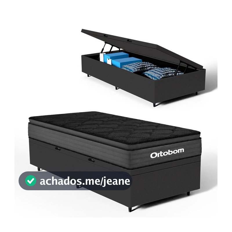 Cama Box Baú com Colchão Ortobom de Espuma Pillow Top Confort Black Solteiro 88cm