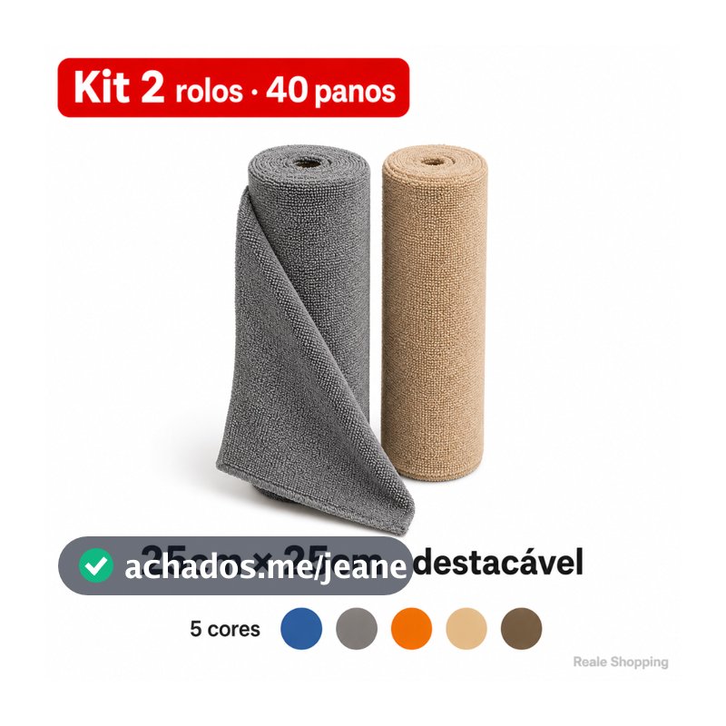 Kit 2 Rolos Pano Microfibra em Rolo Destacável 25cm x 25cm 40 panos