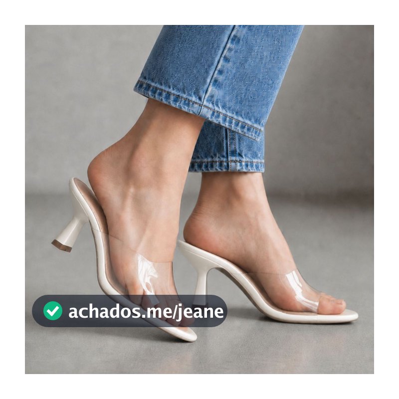 Tamanco Feminino Salto Médio Vinil Transparente Bico Folha Branco Elegante Confortável Festa Casual