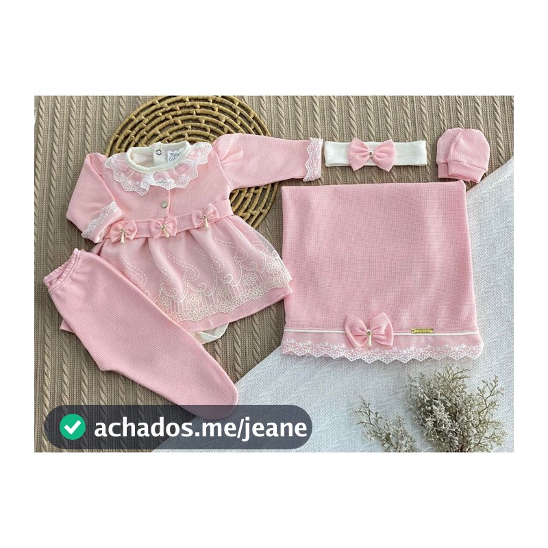 Saída de Maternidade RN  6 Peças em Malha Tricô Macio Vestido, Body, Manta, Luvas e Culote