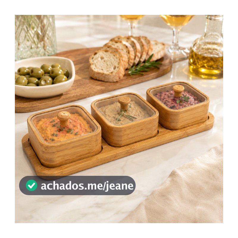 Petisqueira com 3 ou 6 Potes Tampa de Acrílico e Bandeja para Servir em Bambu Natural Pronta Entrega