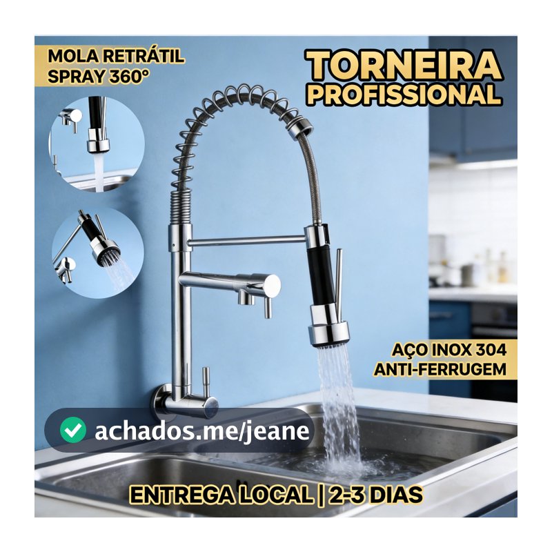 Torneira de Cozinha Embutida na Parede com Mola Retrátil Cromado Duas Saídas Independentes 360° Válvula Cerâmica