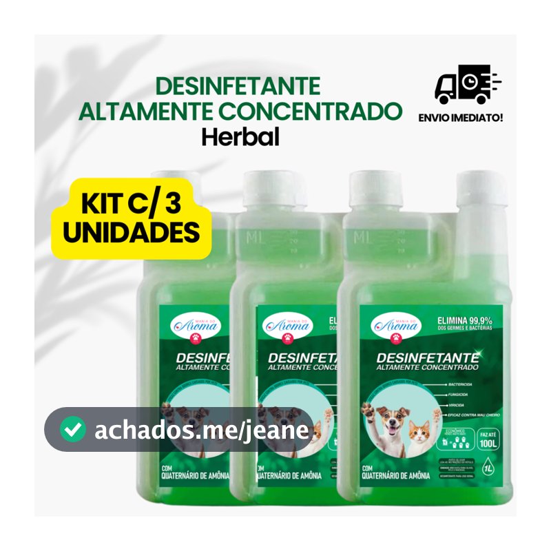 Kit 3 unidades Desinfetante Concentrado Herbal Eliminador Odor Quartenario Amonia +15 Pet 1L