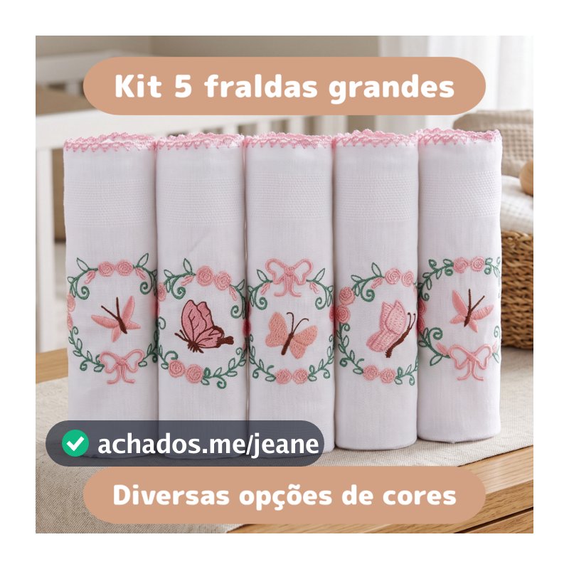 Kit 5 Fraldas de Pano Bordadas 70x70cm Tecido Duplo 100% Algodão Enxoval Menina Menino