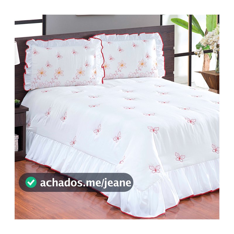 Colcha Cobre Leito Bordada e Matelada Borboleta Cama Casal Queen Porta Travesseiro Bordado 03 Pc