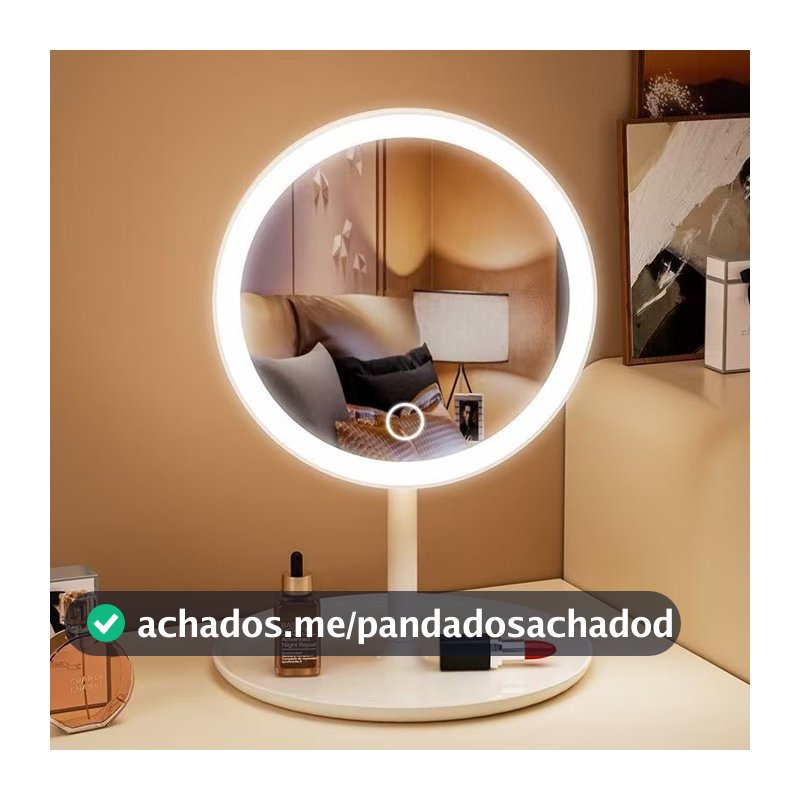 Espelho LED de Mesa com Bandeja Porta Maquiagem Luz 3 Cores Ajustável Touch USB