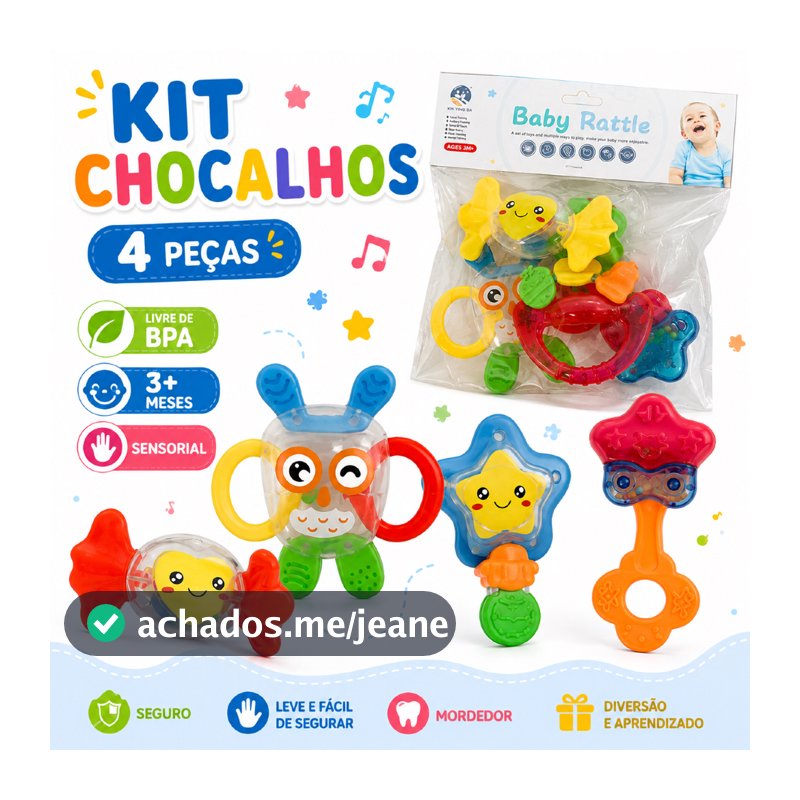 Kit Brinquedos para Bebê 4 Peças Chocalho Infantil Mordedor Educativo Coordenação Motora