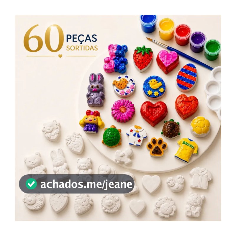 Kit 60 Peças Variadas Gesso Crianças + 12 Tintas Guache + 1 Pincel + 1 Godê