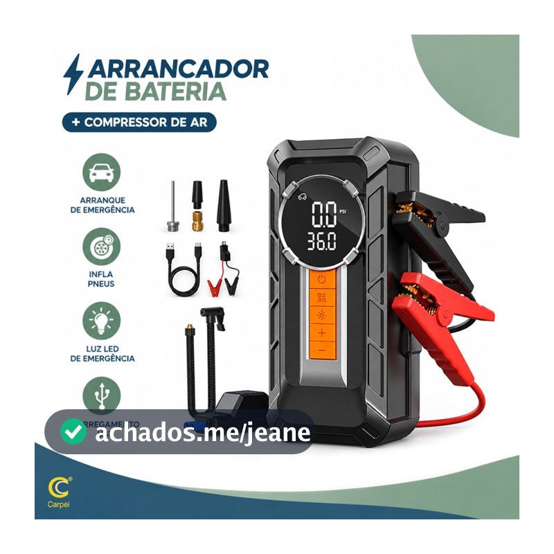 Compressor de Ar Portátil 4 em 1 Sem Fio + Auxiliar de Partida + Power Bank + Lanterna LED Carro Moto