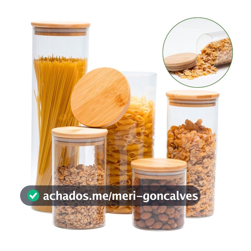 05 Potes de Vidro Hermético Transparente Tampa Bambu Porta Alimentos