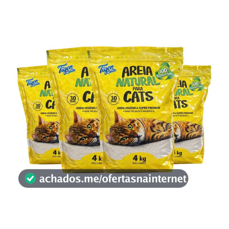 KIT COM 4 AREIA HIGIÊNICA NATURAL BIODEGRADÁVEL MILHO E MANDIOCA PARA GATOS TIGER CATS 4KG