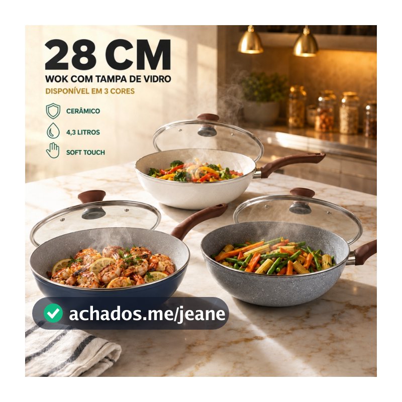 Panela Frigideira Wok 28cm 4L Com Tampa de Vidro Temperado Revestimento em Cerâmica Antiaderente Indução Gás