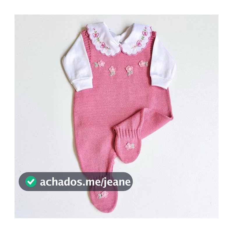 Saída Maternidade Menina Tricô Bordada a Mão - Macacão e Body com Gola Bordada Opcional