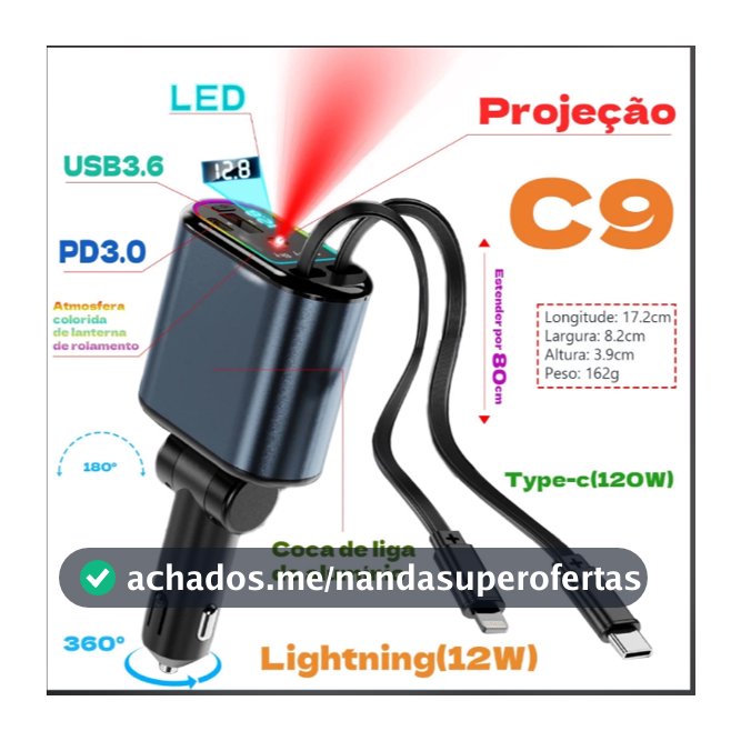 Carregador Veicular TIPO-C + USB Turbo Carregamento rápido/Universal 45W