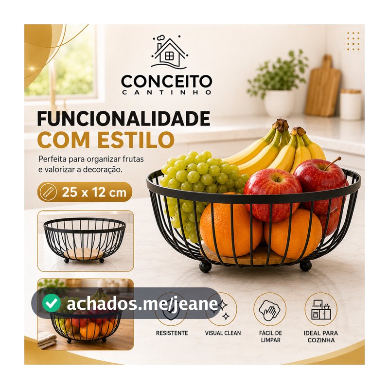 Fruteira de Mesa ou Bancada Rustica de Ferro e Bambu para Café da Manhã de Metal Preto Multiuso