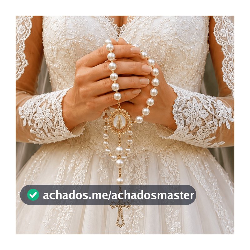 TERÇO NOIVA CASAMENTO PÉROLA STRASS MEDALHA NOSSA SENHORA CRAVEJADA LUXO
