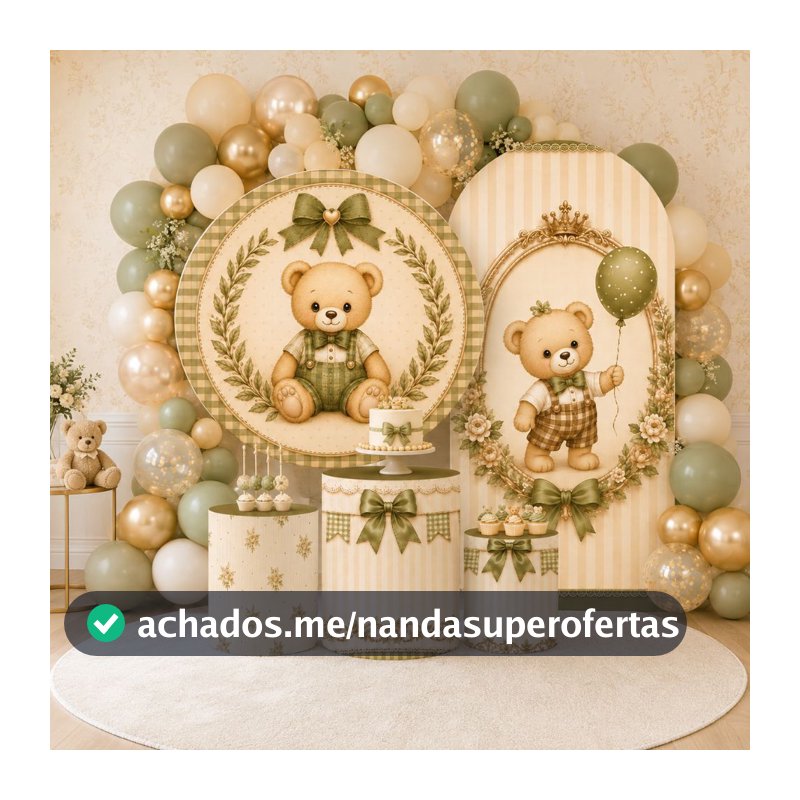Capa Festiva Painel Redondo Ursinho Verde Balão Trio Cilindros Decoração Festa Menino Chá de Bebe