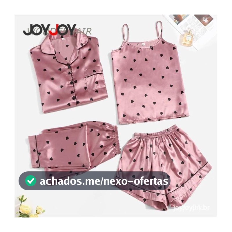 Conjunto de Pijamas de Seda 4 Peças Feminino Sexy – Camisa, Regata, Shorts e Calça Longa