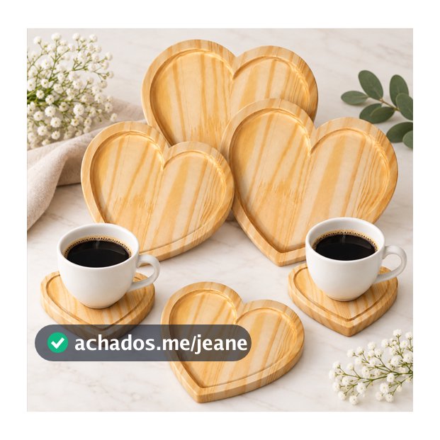 Kit Jogo de Pires Coração Em Madeira Pinus Café Mesa Posta Xícaras Dia dos Namorados
