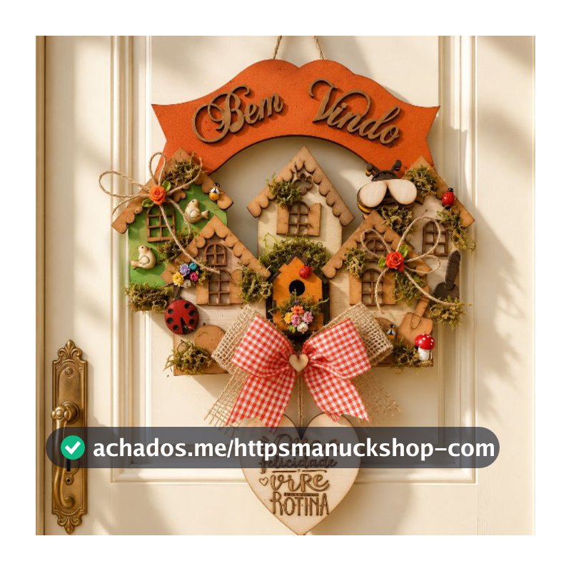 Guirlanda Bem-Vindo Porta de Entrada Casinhas 3D Arco de Palha MDF Artesanal