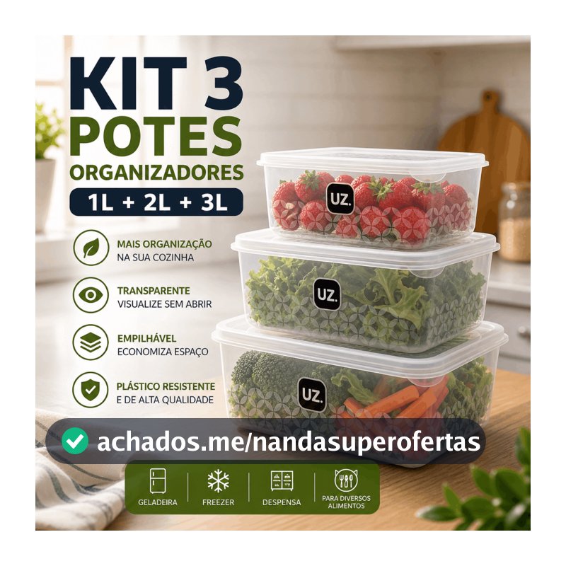 Kit Jogo 3 Potes Mantimentos UZ 1L 2L 3L Organizador Geladeira Armário Cozinha Com Tampa Freezer Microondas BPA Free