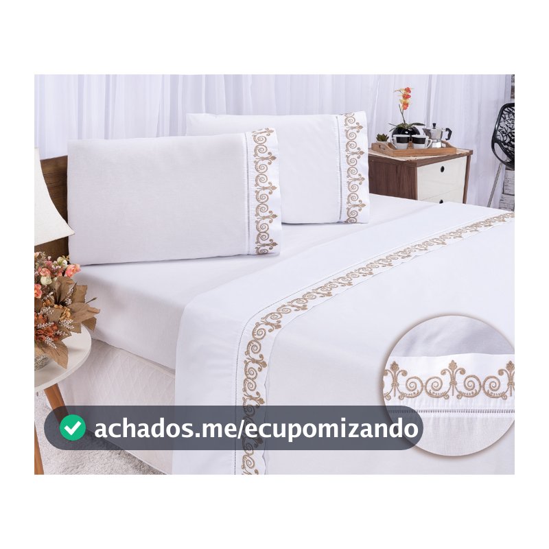 Jogo de Lençol Bordado para Cama Casal Queen Percal 400 Fios Toque de Algodão 4 peças