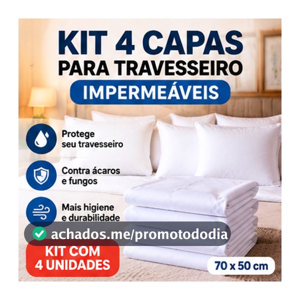Kit 4 Capas Protetoras para Travesseiro Impermeáveis com Zíper 70x50 Anti Líquido