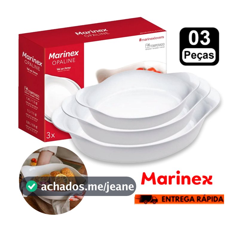 Kit Conjunto 03 Formas Jogo Assadeira Opaline Vidro Branco Temperado Marinex PMG Bolo e Sobremesa