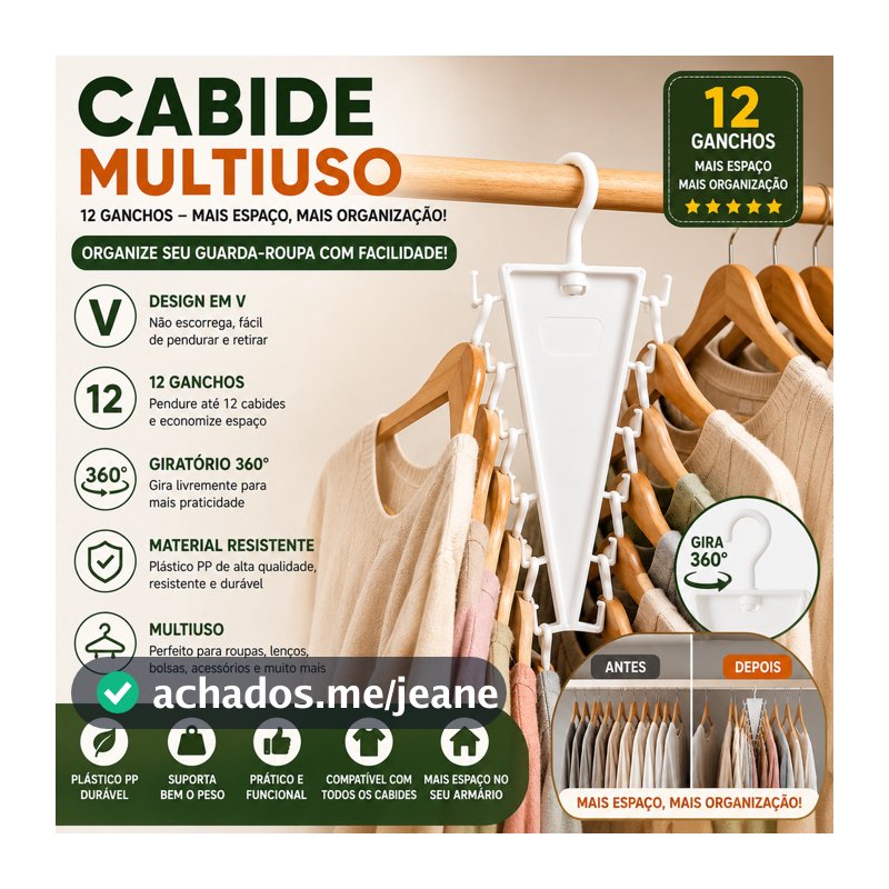 Organizador de Cabides em Forma de V de Dupla Face - Cabide Multi-Gancho que Economiza Espaço para Guarda-Roupa do Quart
