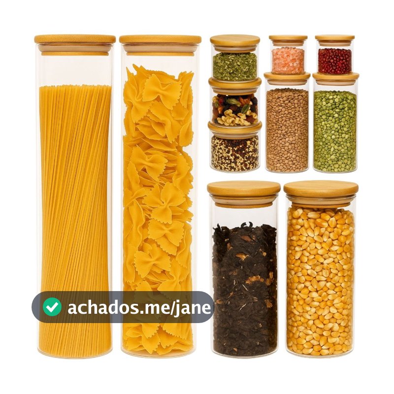 Kit 11 Potes Herméticos de Vidro com Tampa de Bambu para Cozinha Mantimentos Alimentos