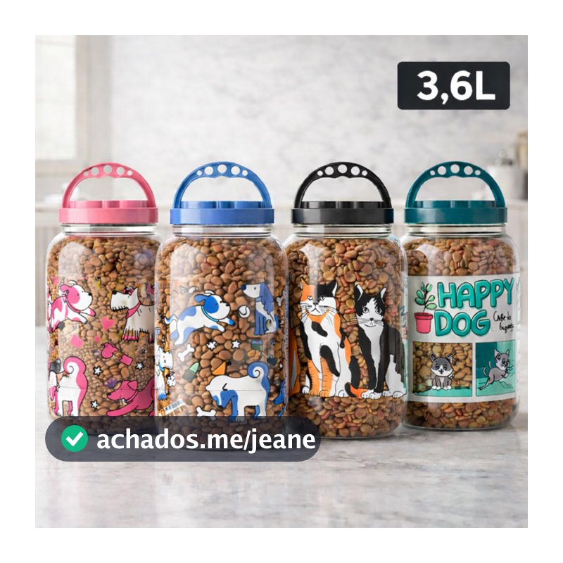 Pote Porta Ração 3,6L PET Cachorro ou Gato Armazena Petiscos, Saches