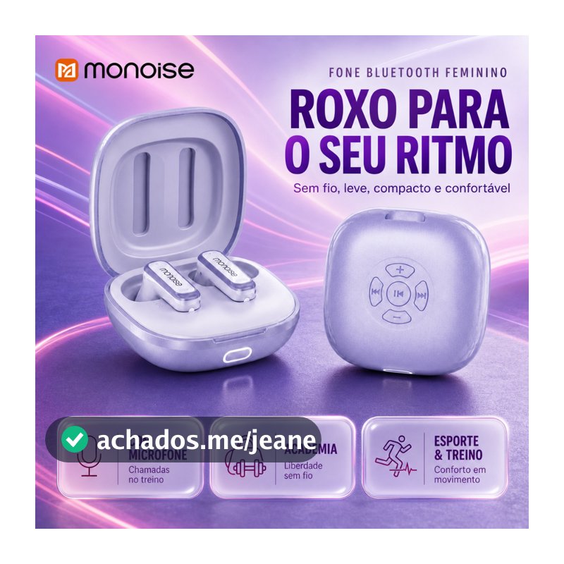 Fone Sem Fio Bluetooth Feminino Roxo Monoise com Microfone para Academia, Esporte e Treino, Leve, Compacto e Confortável