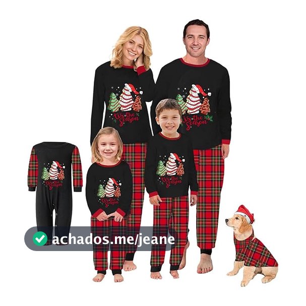 Conjunto De Pijamas De Natal Combinando Para A Família , É Temporada Linda Árvore Com Estampa De Chapéu De Papai Noel E