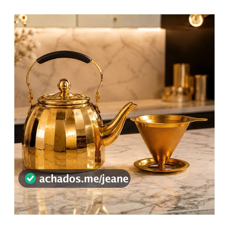 Kit Café Dourado Bule 1 Litro com Coador Inox Conjunto Elegante Mesa Posta Presente Premium