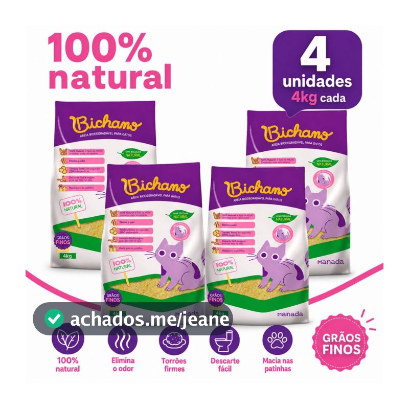Kit 04 Unidades Areia Biodegradável Bichano Para Gatos Grãos Finos 16kg Manada Milho e Mandioca Gato