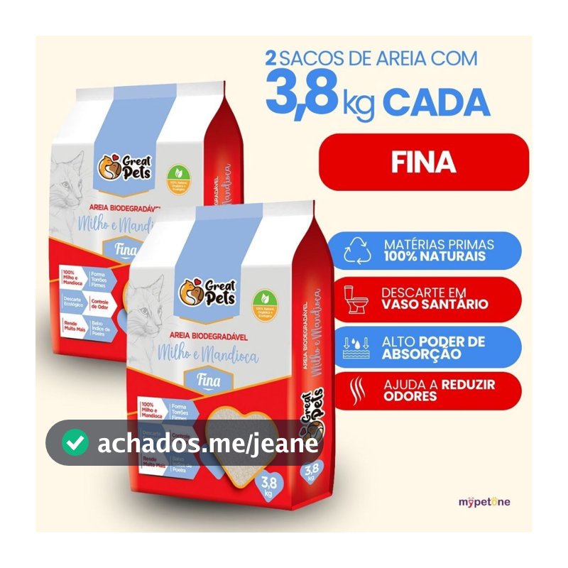 Kit 2 Areia Biodegradável Fina 3,8 Kg  para Gatos - Great Pets